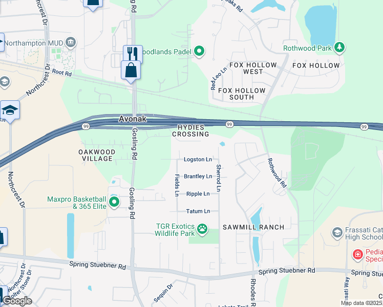 map of restaurants, bars, coffee shops, grocery stores, and more near 5407 Logston Lane in Spring