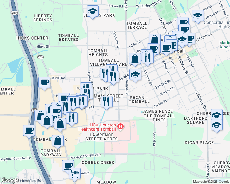 map of restaurants, bars, coffee shops, grocery stores, and more near 204 Holderrieth Boulevard in Tomball