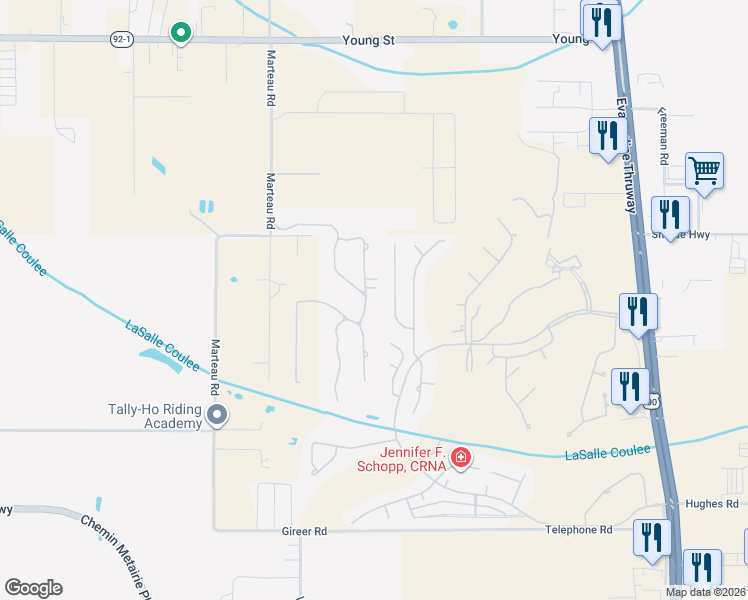 map of restaurants, bars, coffee shops, grocery stores, and more near 111 Innisbrook Drive in Broussard