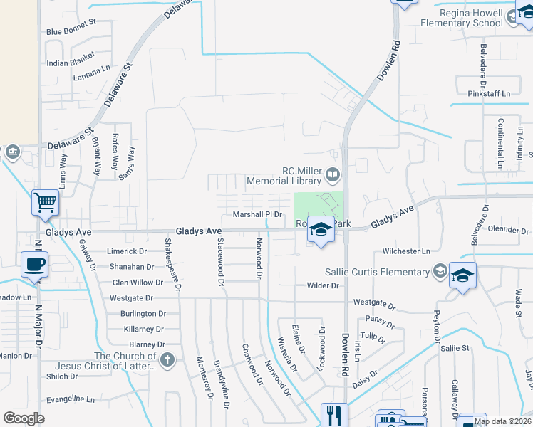 map of restaurants, bars, coffee shops, grocery stores, and more near 6690 Gladys Avenue in Beaumont
