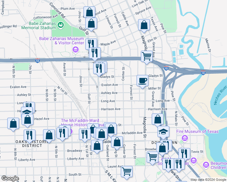 map of restaurants, bars, coffee shops, grocery stores, and more near 1043 Ewing Street in Beaumont
