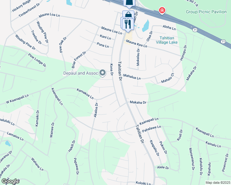 map of restaurants, bars, coffee shops, grocery stores, and more near 206 Kona Drive in Bastrop