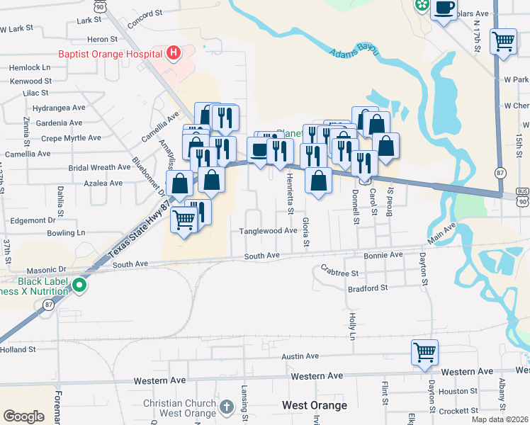 map of restaurants, bars, coffee shops, grocery stores, and more near 2710 Tanglewood Avenue in West Orange