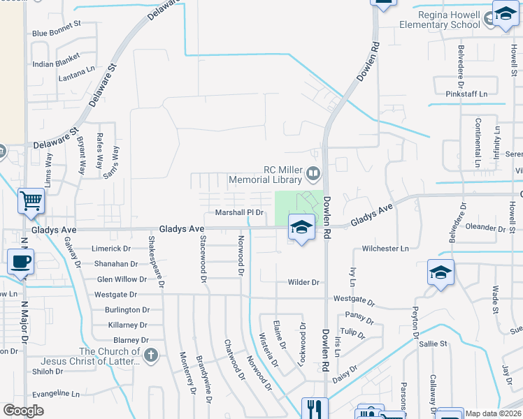 map of restaurants, bars, coffee shops, grocery stores, and more near 6678 Marshall Place Drive in Beaumont