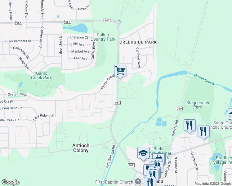 map of restaurants, bars, coffee shops, grocery stores, and more near 970 Farm to Market 967 in Buda