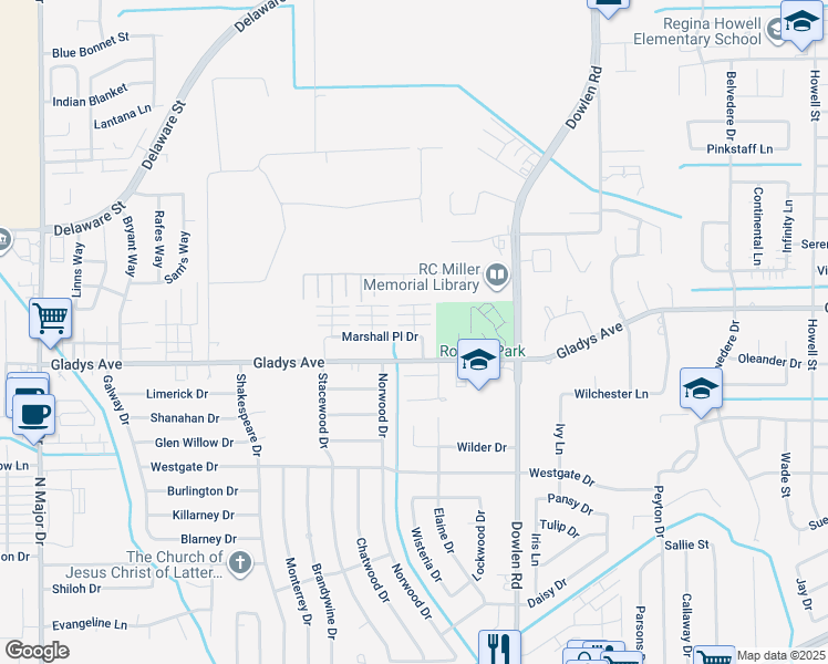 map of restaurants, bars, coffee shops, grocery stores, and more near 6678 Marshall Place Drive in Beaumont