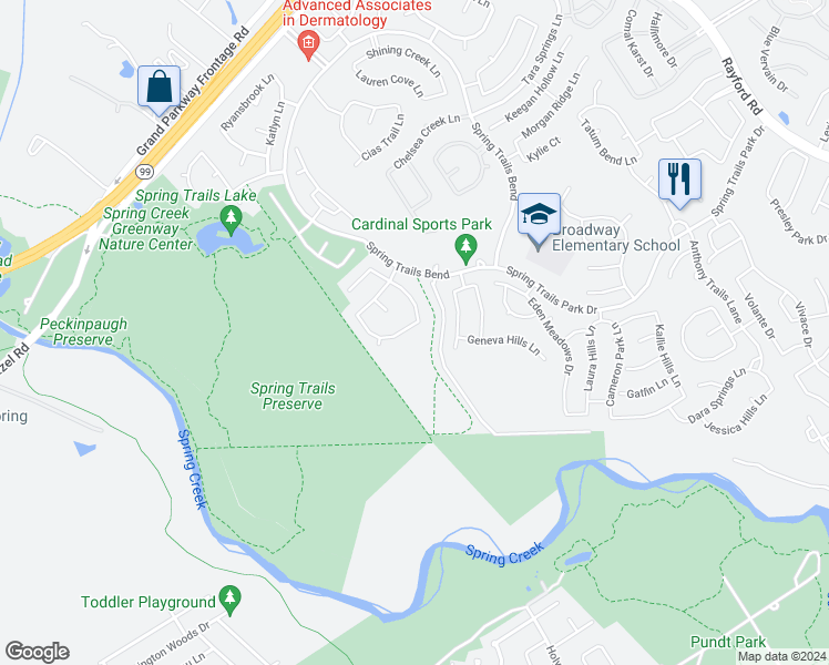 map of restaurants, bars, coffee shops, grocery stores, and more near 1610 Brendon Trail Lane in Spring