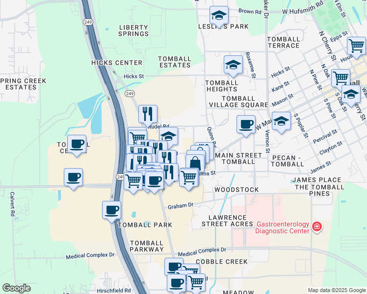 map of restaurants, bars, coffee shops, grocery stores, and more near 1302 Keefer Road in Tomball