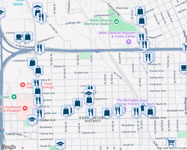 map of restaurants, bars, coffee shops, grocery stores, and more near 1160 North 7th Street in Beaumont