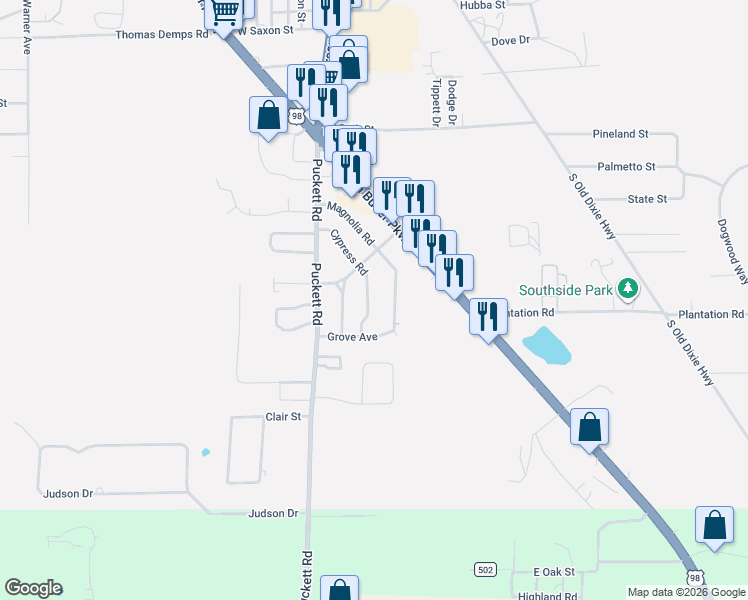 map of restaurants, bars, coffee shops, grocery stores, and more near 203 Cypress Road in Perry