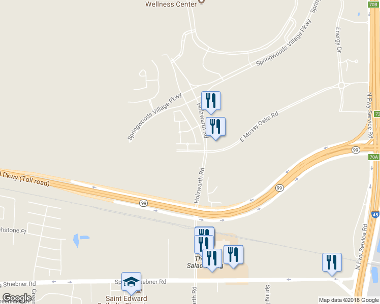 map of restaurants, bars, coffee shops, grocery stores, and more near 2425 East Mossy Oaks Road in Spring