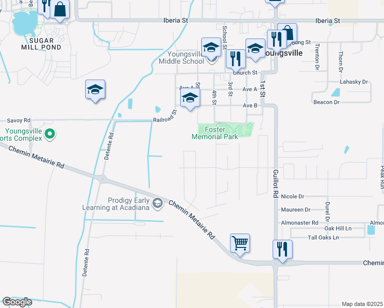 map of restaurants, bars, coffee shops, grocery stores, and more near 603 Blk Avenue B in Youngsville