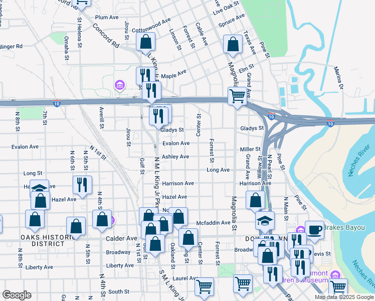 map of restaurants, bars, coffee shops, grocery stores, and more near 1304 Evalon Avenue in Beaumont