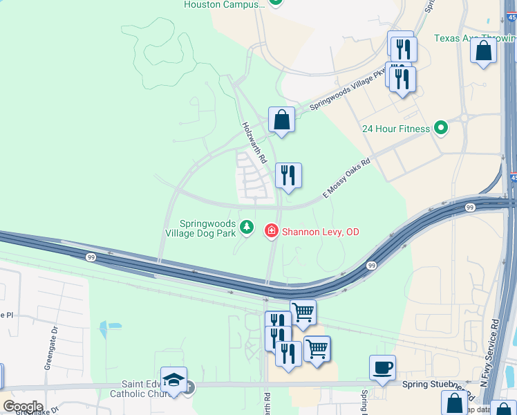 map of restaurants, bars, coffee shops, grocery stores, and more near Luquet Lane in Spring