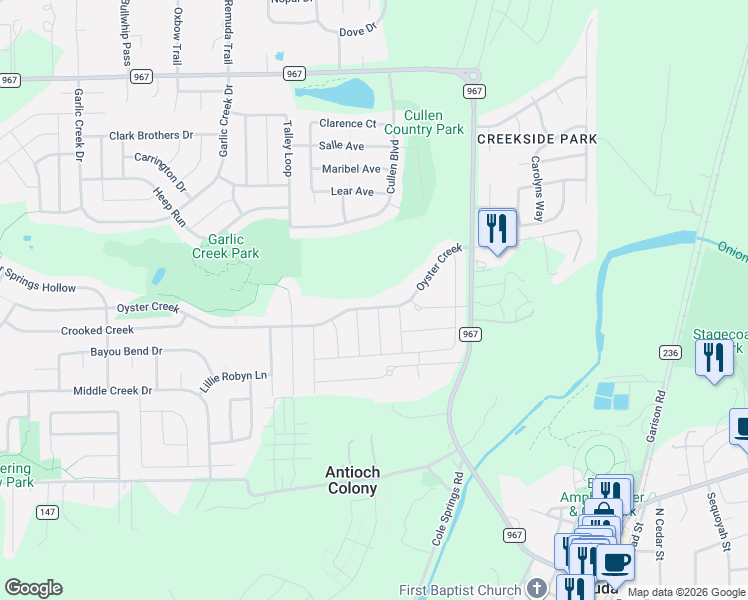 map of restaurants, bars, coffee shops, grocery stores, and more near 112 Rosling Drive in Buda