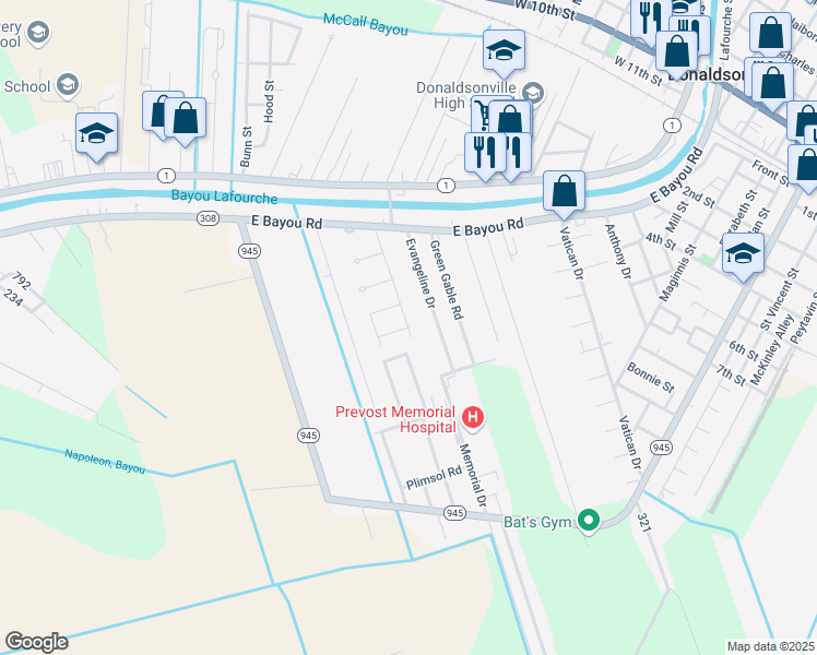 map of restaurants, bars, coffee shops, grocery stores, and more near Belle Alliance Drive in Donaldsonville