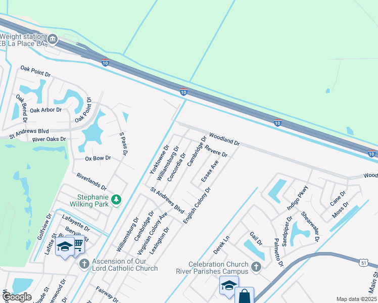 map of restaurants, bars, coffee shops, grocery stores, and more near 3021 Concordia Drive in LaPlace