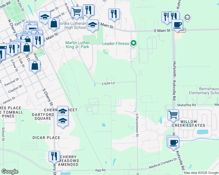 map of restaurants, bars, coffee shops, grocery stores, and more near 823 Lizzie Lane in Tomball