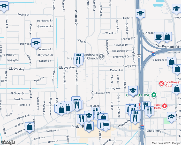 map of restaurants, bars, coffee shops, grocery stores, and more near 1260 East Drive in Beaumont