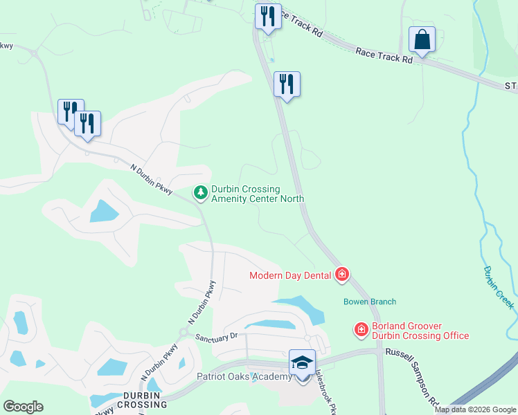map of restaurants, bars, coffee shops, grocery stores, and more near Servia Drive in Saint Johns