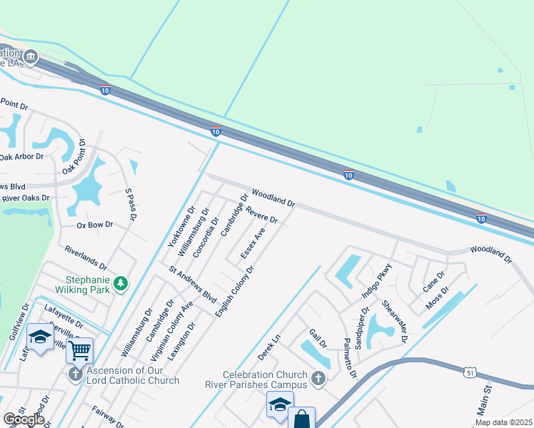 map of restaurants, bars, coffee shops, grocery stores, and more near 520 Revere Drive in LaPlace