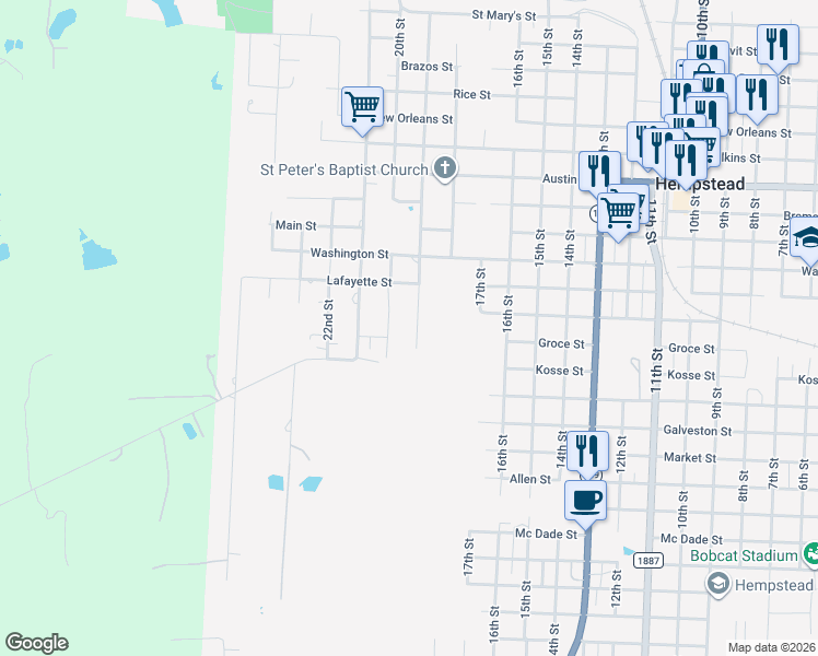 map of restaurants, bars, coffee shops, grocery stores, and more near 1331 19th Street in Hempstead
