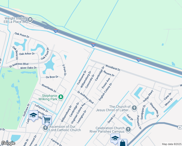 map of restaurants, bars, coffee shops, grocery stores, and more near 3021 Concordia Drive in LaPlace