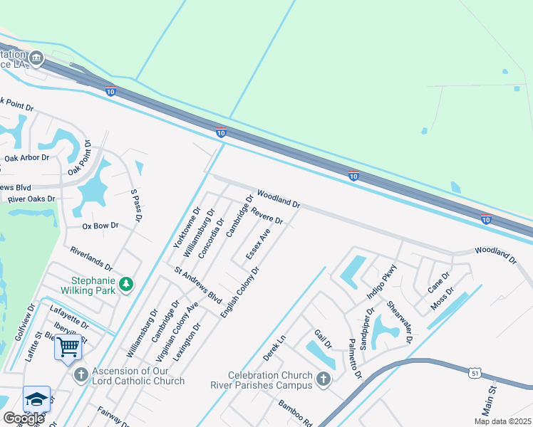 map of restaurants, bars, coffee shops, grocery stores, and more near 520 Revere Drive in LaPlace