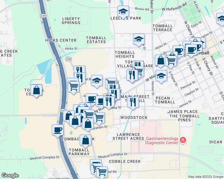 map of restaurants, bars, coffee shops, grocery stores, and more near 1200 West Main Street in Tomball