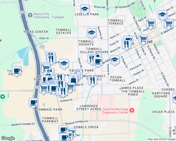 map of restaurants, bars, coffee shops, grocery stores, and more near 1010 West Main Street in Tomball