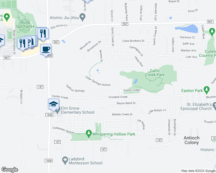 map of restaurants, bars, coffee shops, grocery stores, and more near 447 Clear Springs Hollow in Buda