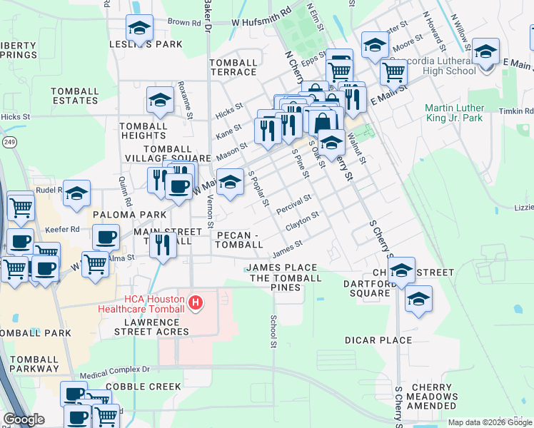 map of restaurants, bars, coffee shops, grocery stores, and more near 318 South Poplar in Tomball