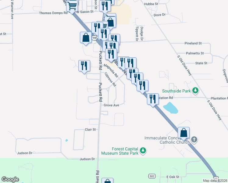 map of restaurants, bars, coffee shops, grocery stores, and more near 203 Cypress Road in Perry