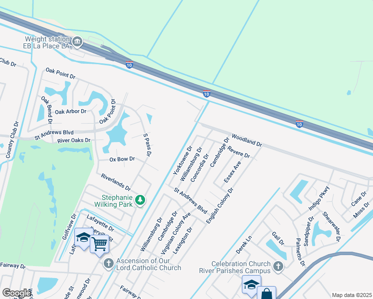map of restaurants, bars, coffee shops, grocery stores, and more near 2917 Yorktowne Drive in LaPlace