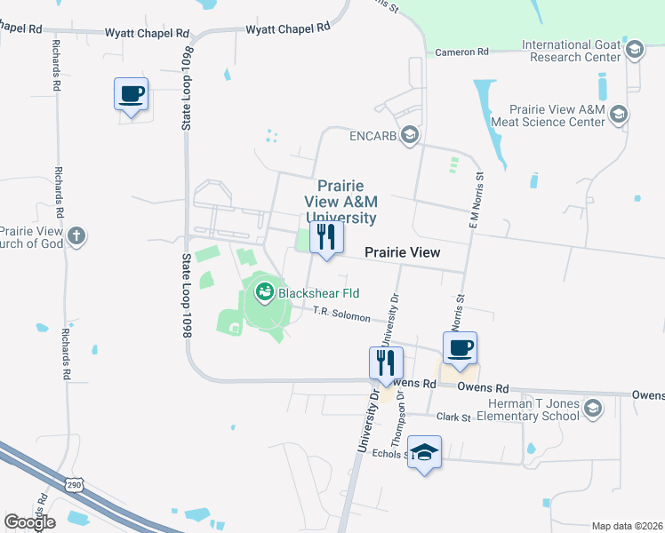 map of restaurants, bars, coffee shops, grocery stores, and more near 155 L.W. Minor Street in Prairie View