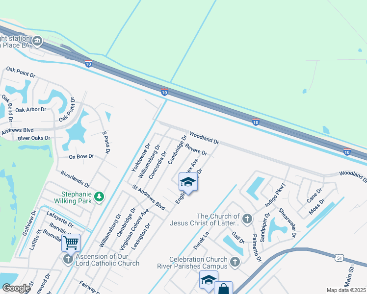 map of restaurants, bars, coffee shops, grocery stores, and more near 635 Revere Drive in LaPlace