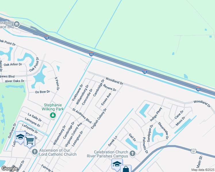 map of restaurants, bars, coffee shops, grocery stores, and more near 635 Revere Drive in LaPlace