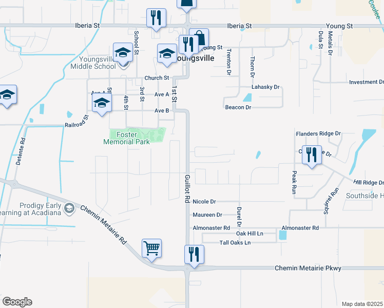 map of restaurants, bars, coffee shops, grocery stores, and more near 145 Guillot Road in Youngsville