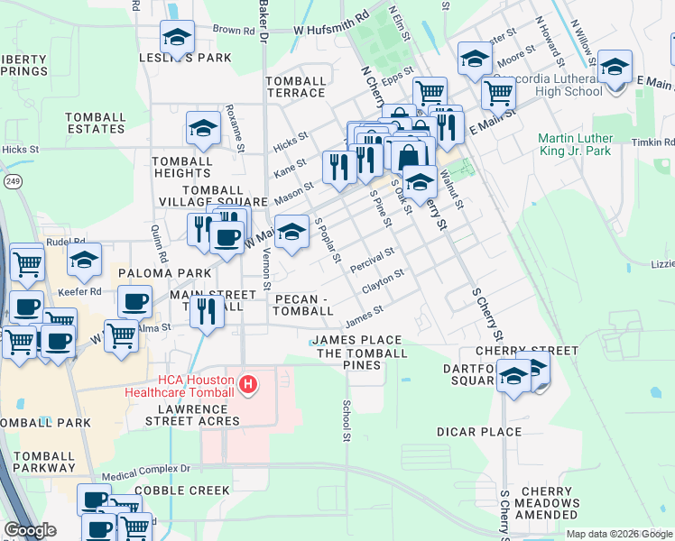 map of restaurants, bars, coffee shops, grocery stores, and more near 618 Percival Street in Tomball