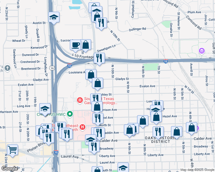 map of restaurants, bars, coffee shops, grocery stores, and more near 2630 Evalon Avenue in Beaumont