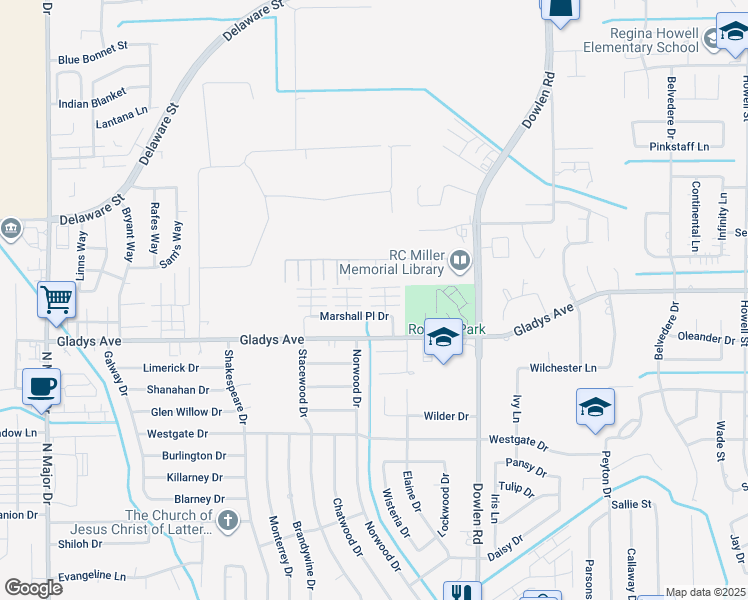 map of restaurants, bars, coffee shops, grocery stores, and more near 6678 Marshall Place Drive in Beaumont