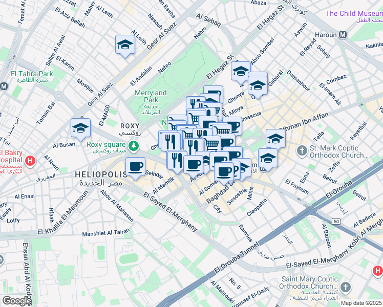 map of restaurants, bars, coffee shops, grocery stores, and more near Boutros Ghaly in Heliopolis