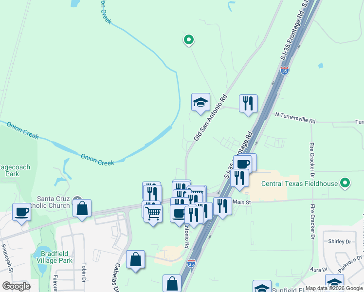 map of restaurants, bars, coffee shops, grocery stores, and more near 960 Old San Antonio Road in Buda