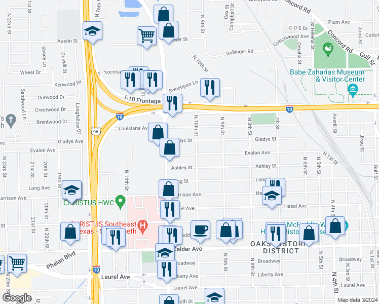 map of restaurants, bars, coffee shops, grocery stores, and more near 2630 Evalon Avenue in Beaumont