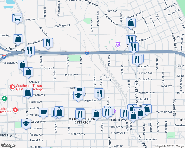 map of restaurants, bars, coffee shops, grocery stores, and more near 2234 Evalon Street in Beaumont
