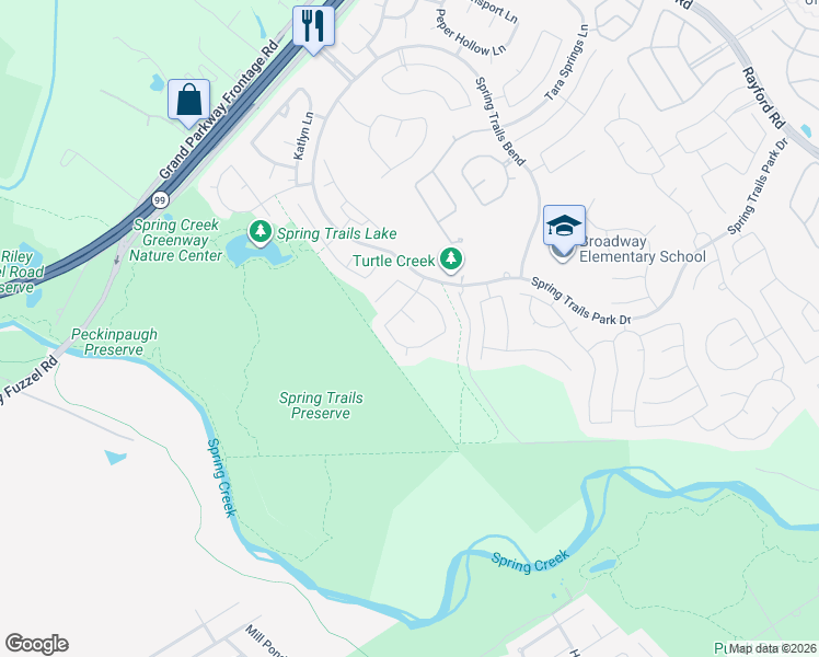 map of restaurants, bars, coffee shops, grocery stores, and more near 1407 Brendon Trail Lane in Spring