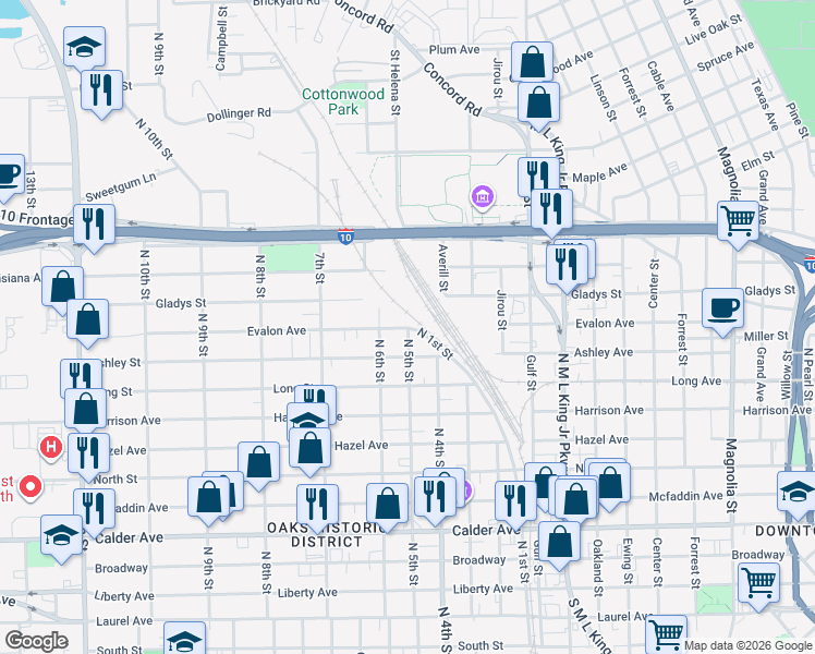 map of restaurants, bars, coffee shops, grocery stores, and more near 2124 Evalon Street in Beaumont