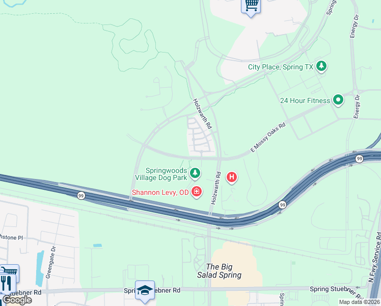 map of restaurants, bars, coffee shops, grocery stores, and more near 79 Thorpe Lane in Spring