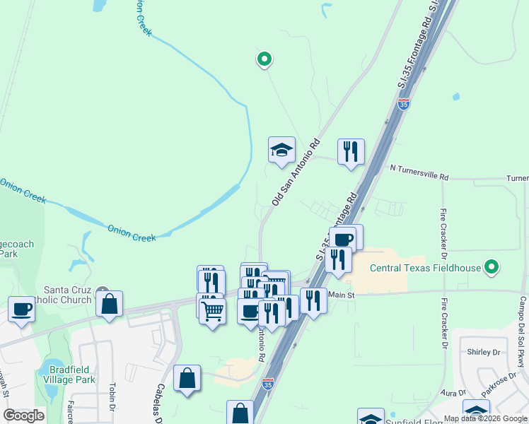 map of restaurants, bars, coffee shops, grocery stores, and more near 960 Old San Antonio Road in Buda