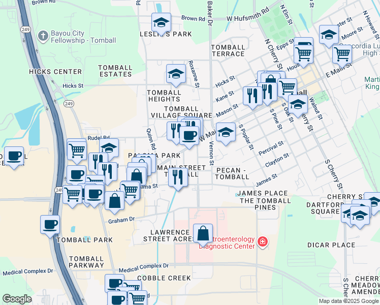 map of restaurants, bars, coffee shops, grocery stores, and more near 905 West Main Street in Tomball